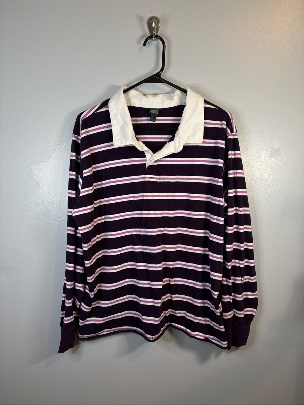 wild fable Purple White Striped Long-Sleeve Polo Shirt Casual Preppy 100% Cotton